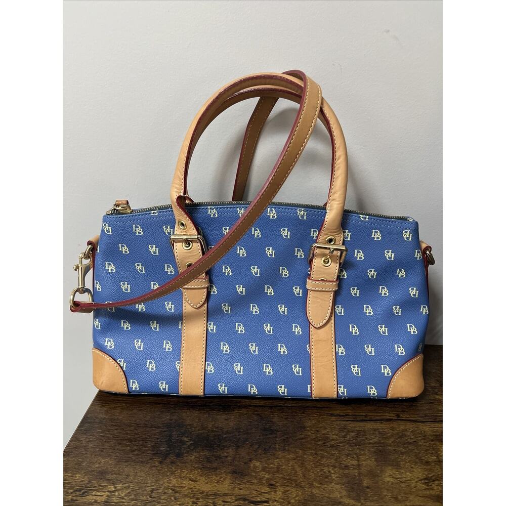 Dooney & Bourke Handbag Blue/Tan Leather Monogram Logo Purse Domed Satchel